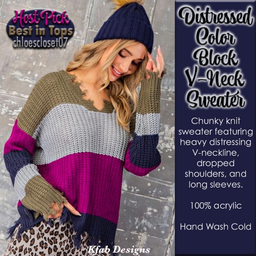 Distressed Color Block V-Neck Sweater Host Pick!